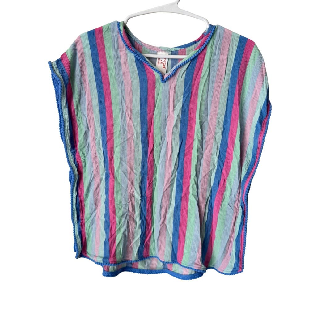 Cat & Jack Girls Multicolor Striped Gauze Pom Pom Trim Poncho Top Size M 8‎